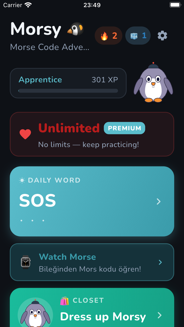 Morsy Morse code app home screen — XP progress, streak counter, daily word, and Koch method drills