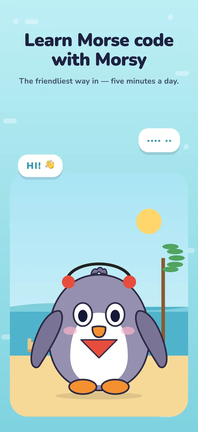 Morsy the penguin waving on a beach — Learn Morse code with Morsy, five minutes a day