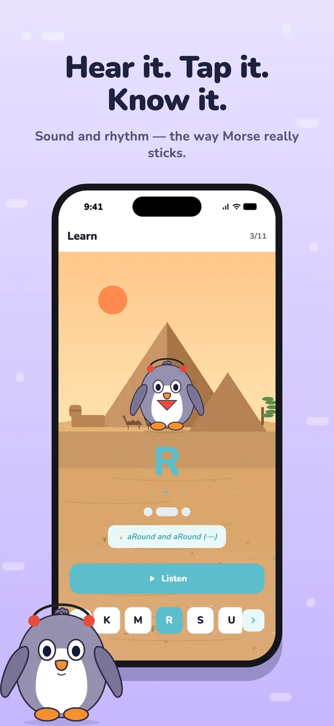 Learn screen: hear the letter, tap the rhythm, remember it