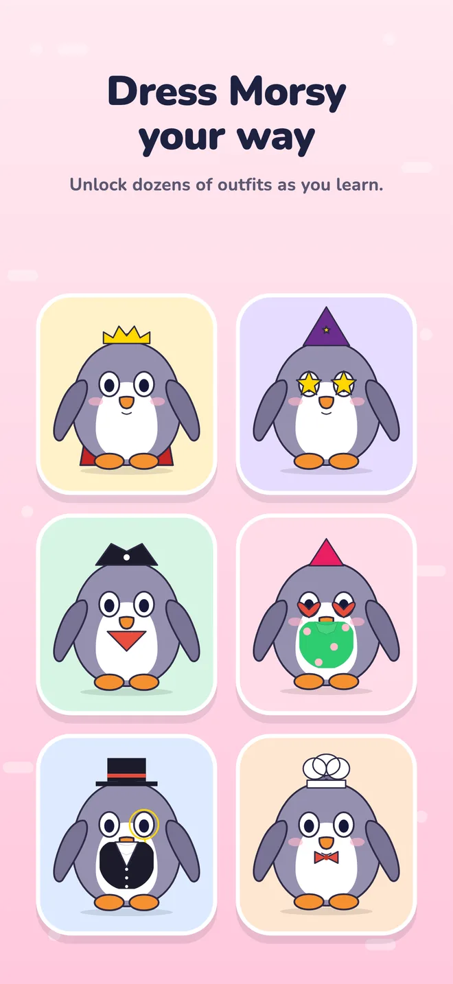 Six Morsys in different outfits: crown, wizard hat, pirate, party, top hat, chef