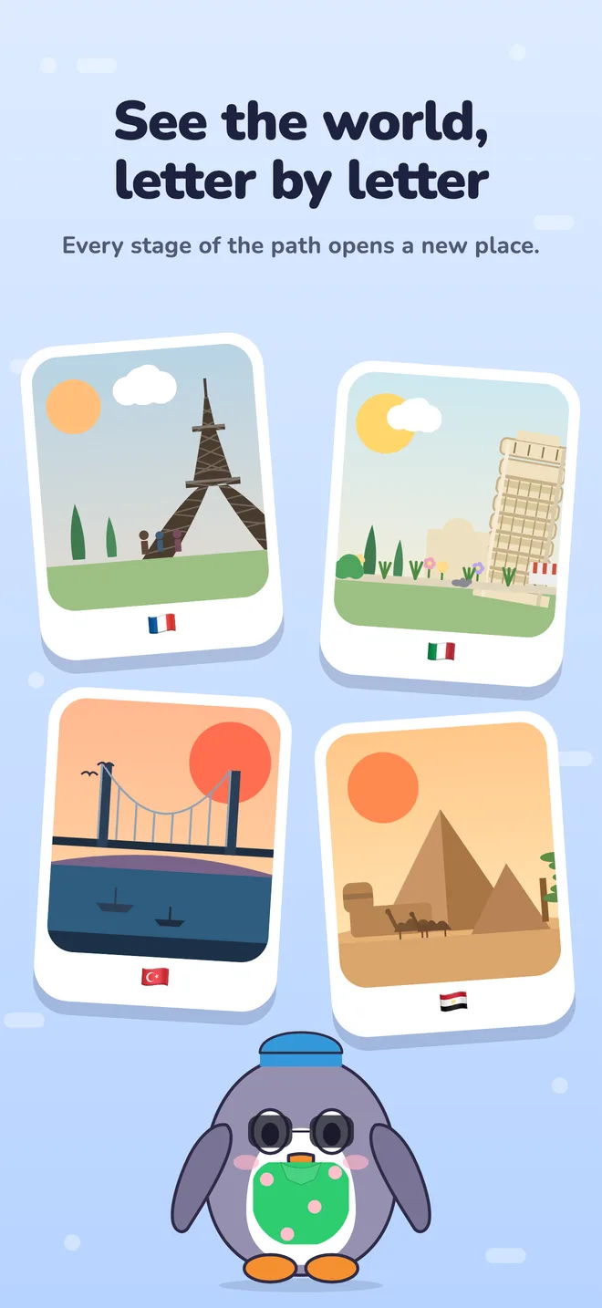 Postcards of Paris, Pisa, Istanbul and the Pyramids — places the path unlocks